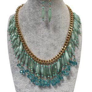 Blue Lucite Drops With Fcated Glass Bead Gold tone Finish Necklace Earring